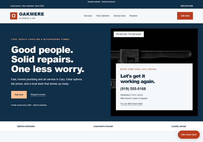 Trades & repair sample website homepage