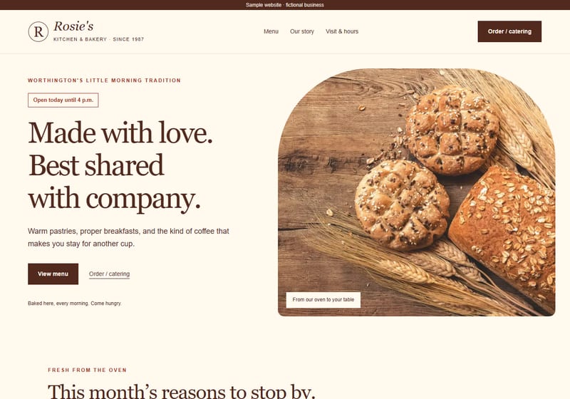 Restaurants & bakeries sample website homepage